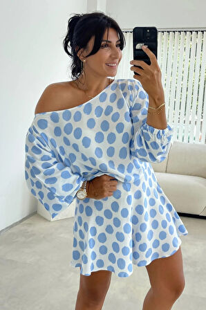 Mavi Puanlı Viskon Şort Takım