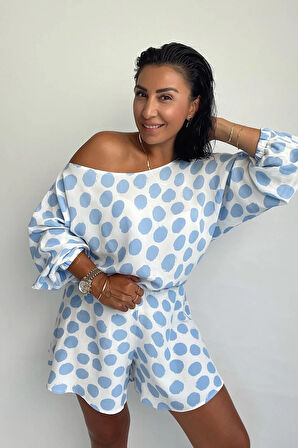 Mavi Puanlı Viskon Şort Takım