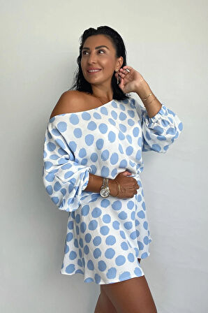 Mavi Puanlı Viskon Şort Takım