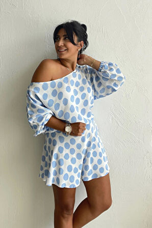Mavi Puanlı Viskon Şort Takım