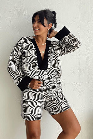 Desenli Şile Bezi Şort Takım