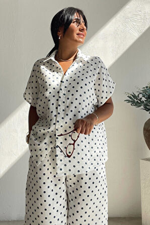 Lacivert Puanlı Müslin Pantolon Takım