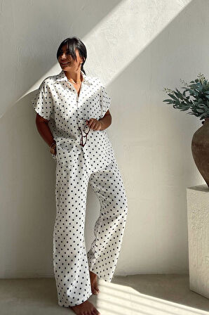 Lacivert Puanlı Müslin Pantolon Takım