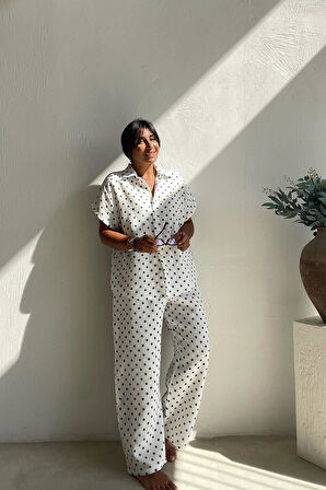 Lacivert Puanlı Müslin Pantolon Takım