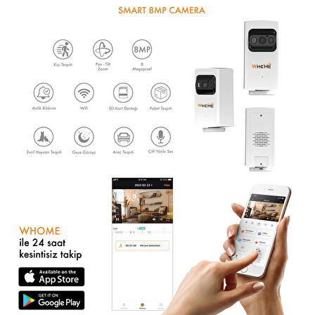 Whome Yapay Zeka Destekli 4K 8 MP Gece Görüşlü PTZ Kamera (128 GB TF Kart Destekli)
