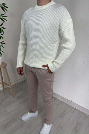 Explode - Erkek Ekru Bisiklet Yaka Oversize Triko Kazak