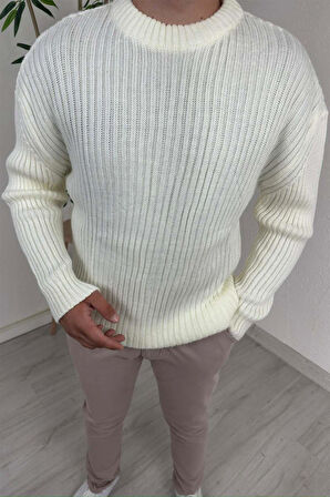 Explode - Erkek Ekru Bisiklet Yaka Oversize Triko Kazak