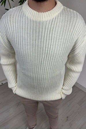 Explode - Erkek Ekru Bisiklet Yaka Oversize Triko Kazak