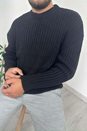 Explode - Erkek Siyah Bisiklet Yaka Oversize Triko Kazak