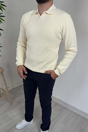 Explode - Erkek Ekru Polo Yaka Regular Triko Kazak