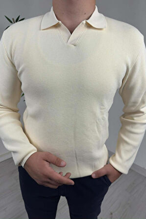 Explode - Erkek Ekru Polo Yaka Regular Triko Kazak