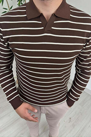 Explode - Erkek Kahve Çizgili Polo Yaka Oversize Triko Kazak 