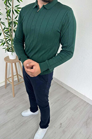 Explode - Erkek Yeşil Çizgili Fermuarlı Polo Yaka Triko Kazak