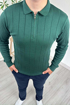 Explode - Erkek Yeşil Çizgili Fermuarlı Polo Yaka Triko Kazak