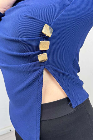 Explode - Kadın Lacivert Bisiklet Yaka Asimetrik Etek Düğmeli Bluz