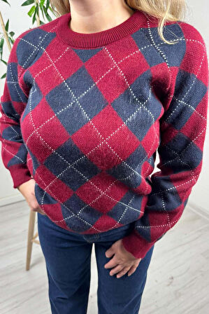 Explode - Kadın Bordo-Lacivert Baklava Desenli Bisiklet Yaka Oversize Triko Kazak