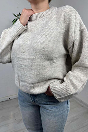 Explode - Kadın Bej Bisiklet Yaka Oversize Triko Kazak