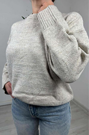 Explode - Kadın Bej Bisiklet Yaka Oversize Triko Kazak