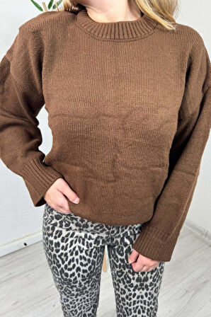 Explode - Kadın Kahve Bisiklet Yaka Oversize Triko Kazak