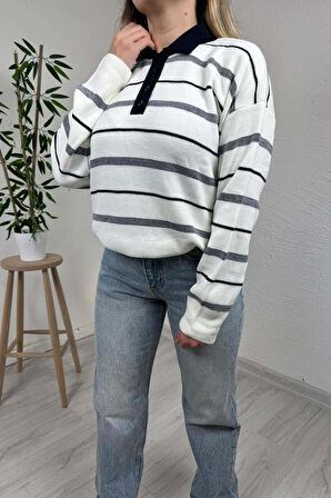 Explode - Kadın Krem Polo Yaka Çizgili Oversize Triko Kazak
