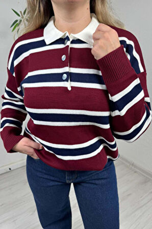 Explode - Kadın Bordo Polo Yaka Çizgili Oversize Triko Kazak
