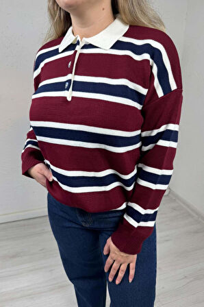 Explode - Kadın Bordo Polo Yaka Çizgili Oversize Triko Kazak