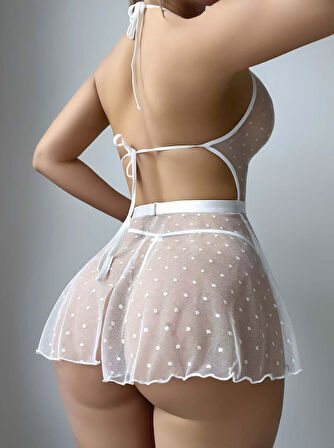 Kadın Beyaz Fantezi Gecelik Tül Nokta Desenli 2207