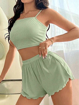 Kadın Yeşil Dantel Detaylı Şortlu Gecelik Pijama Takımı 5024