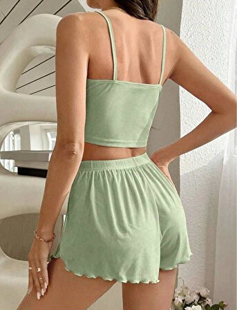 Kadın Yeşil Dantel Detaylı Şortlu Gecelik Pijama Takımı 5024