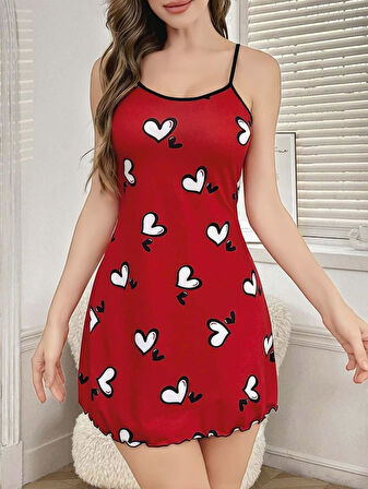 Kadın Kırmızı Beyaz Kalp Desenli Askılı Elbise 5063