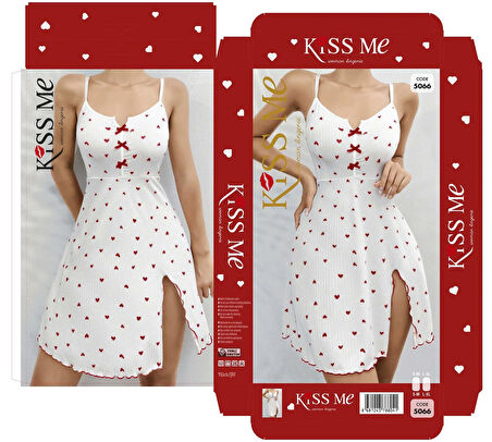 Kadın Beyaz Kırmızı Kalp Desenli Askılı  Elbise 5066