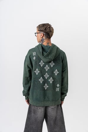 Erkek 10 Baskılı Yıkamalı Kapüşonlu Oversize Hoodie Yeşil