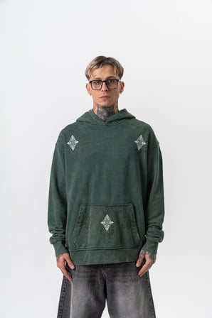 Erkek 10 Baskılı Yıkamalı Kapüşonlu Oversize Hoodie Yeşil