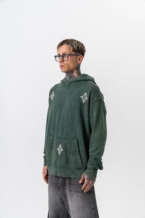 Erkek 10 Baskılı Yıkamalı Kapüşonlu Oversize Hoodie Yeşil
