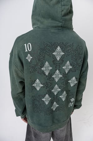 Erkek 10 Baskılı Yıkamalı Kapüşonlu Oversize Hoodie Yeşil