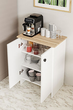 Dorta Mutfak Dolabı 2 Kapaklı 3 Raflı Kahve Köşesi Kiler Dolabı Beyaz Meşe