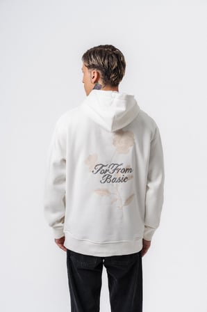 Erkek Far From Basic Nakışlı Kapüşonlu Oversize Hoodie Ekru