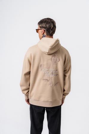 Erkek Far From Basic Nakışlı Kapüşonlu Oversize Hoodie Bej