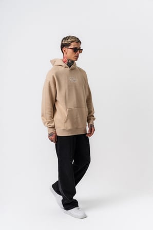 Erkek Far From Basic Nakışlı Kapüşonlu Oversize Hoodie Bej