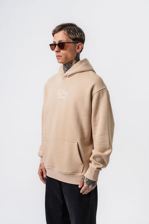 Erkek Far From Basic Nakışlı Kapüşonlu Oversize Hoodie Bej