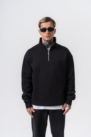 Erkek Respire Yazı Detaylı Yarım Fermuarlı Basic Sweatshirt Siyah