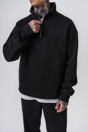 Erkek Respire Yazı Detaylı Yarım Fermuarlı Basic Sweatshirt Siyah