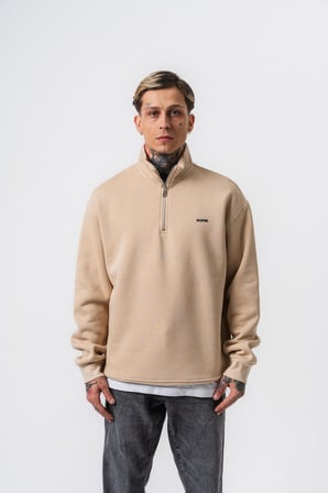 Erkek Respire Yazı Detaylı Yarım Fermuarlı Basic Sweatshirt Bej