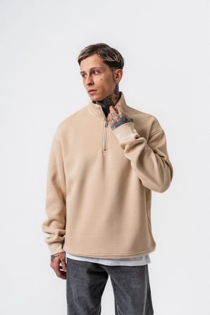 Erkek Respire Yazı Detaylı Yarım Fermuarlı Basic Sweatshirt Bej