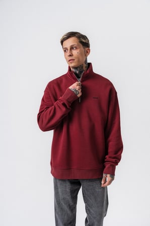 Erkek Respire Yazı Detaylı Yarım Fermuarlı Basic Sweatshirt Bordo