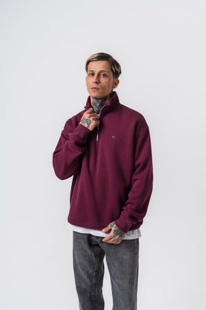 Erkek Respire Yazı Detaylı Yarım Fermuarlı Basic Sweatshirt Vişne