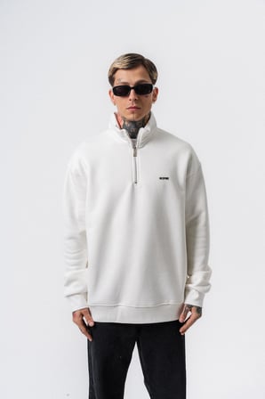Erkek Respire Yazı Detaylı Yarım Fermuarlı Basic Sweatshirt Ekru