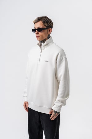 Erkek Respire Yazı Detaylı Yarım Fermuarlı Basic Sweatshirt Ekru