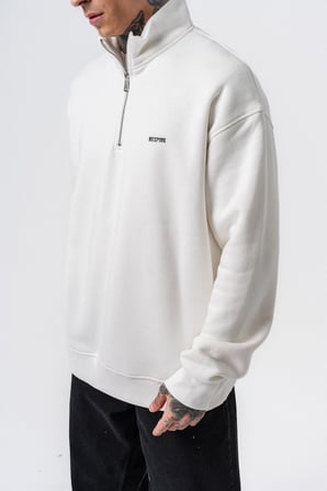 Erkek Respire Yazı Detaylı Yarım Fermuarlı Basic Sweatshirt Ekru