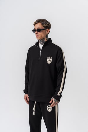 Erkek Şerit Detaylı Yarım Fermuarlı Modal Sweatshirt Siyah